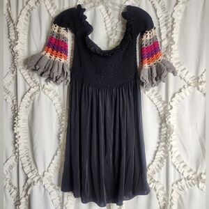 Bohemian Black Crochet Colorful Sleeves Smocked Mini Dress Size Small